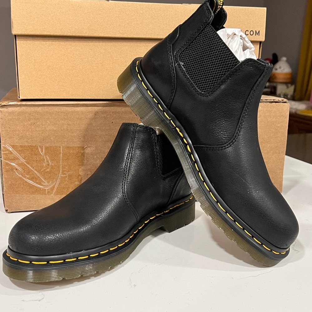 Dr. Martens Black Leather Chelsea Boots with Yellow Stitching